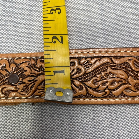 Vintage Livingston Wells&Co Nautical Gold Dealers w/Tooled Leather Hibiscus Belt - Picture 13 of 14